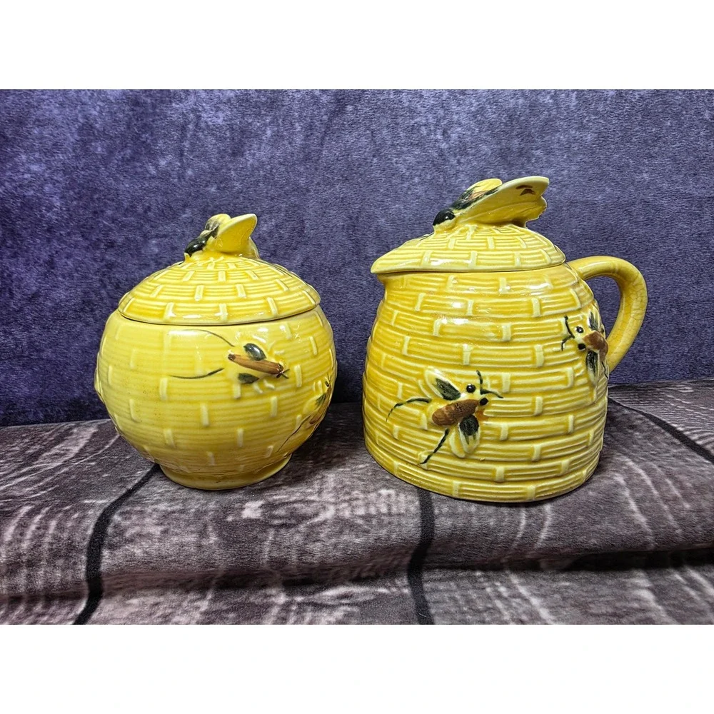 Vintage Yellow Beehive Ceramic Sugar Bowl and Creamer Set with Bees Skep Design‎